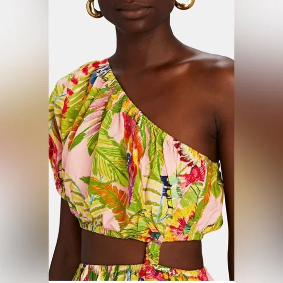 Farm Rio Macaw Leaves Linen-Blend Cutout Mini One-Shoulder Dress, sz XS - Picture 4 of 12